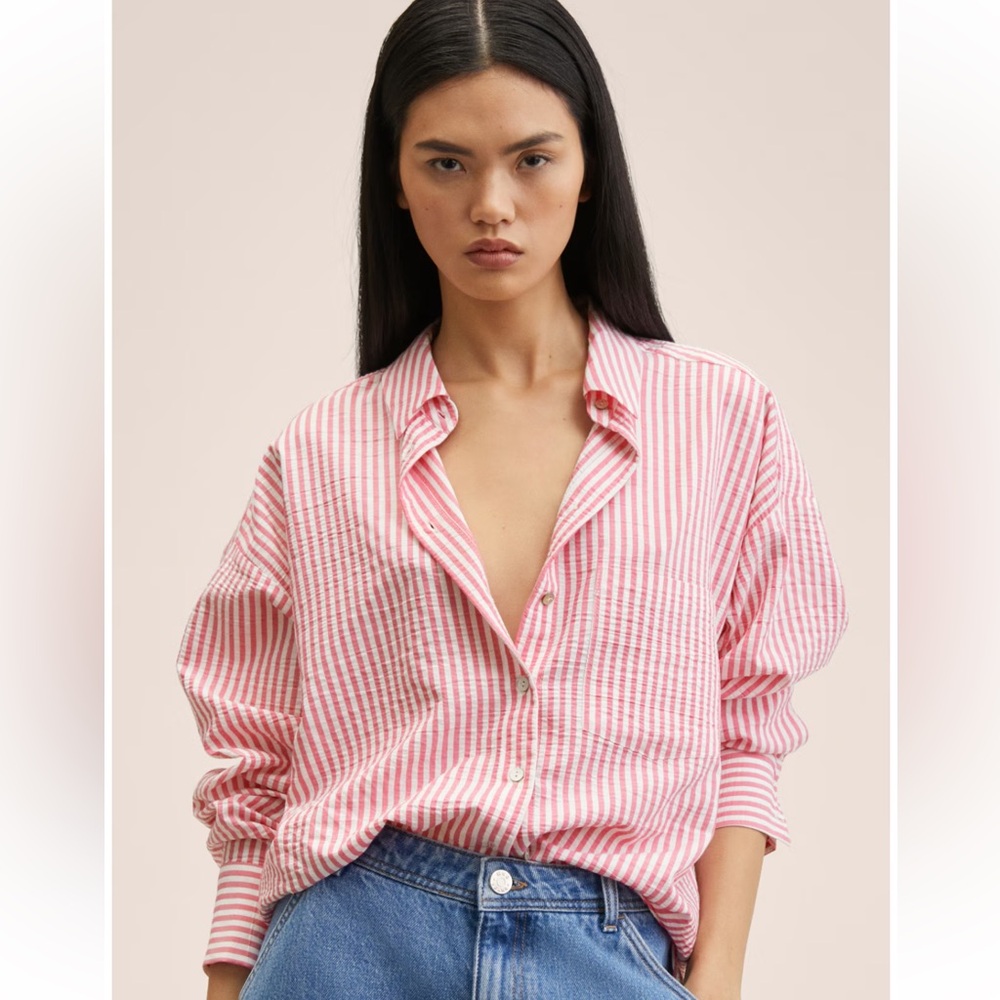Mango MNG Oversized Stripe Shirt Small pink/red and white